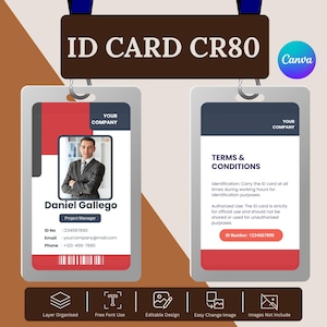 de carte d'identité CR80 | Badge d'identification imprimable et modifiable | Taille standard 3,375"x2,125" | ID d'employé, d'étudiant ou de membre du personnel | Modèle de toile