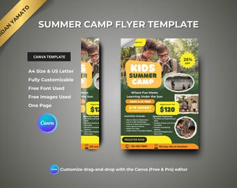 Pacchetto di 2 volantini, modello modificabile per campo estivo - Canva - Poster per campo estivo per bambini - Volantino per attività all'aperto - Download immediato - Volantino per campo estivo stampabile
