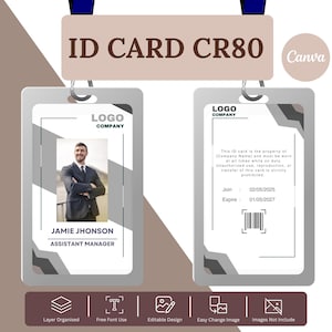de carte d'identité CR80 | Badge d'identification imprimable et modifiable | Taille standard 3,375"x2,125" | ID d'employé, d'étudiant ou de membre du personnel | Modèle de toile