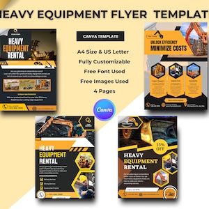 Puede incluir: Una plantilla de folleto para empresas de alquiler de equipos pesados. El folleto presenta un esquema de color negro y amarillo con imágenes de equipos de construcción. El texto del folleto incluye las palabras "Alquiler de equipos pesados", "Desbloquear eficiencia" y "Minimizar costos".