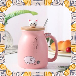 Bonita taza de café de cerámica con dibujos animados con tapa de madera y cuchara: taza resistente al calor para café, batidos, yogur y más