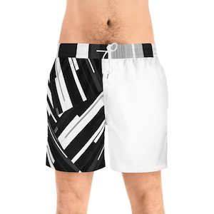 Stylish Men&#39;s Mid-Length Swim Shorts, Black White AOP Swimwear for Beach, Pool Party, Summer Vacation, Vacation Wear, Swim Gear