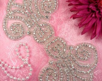 JB48 Hot Fix Silver Beaded Crystal Rhinestone Applique 7/" Bridal Sash Motif