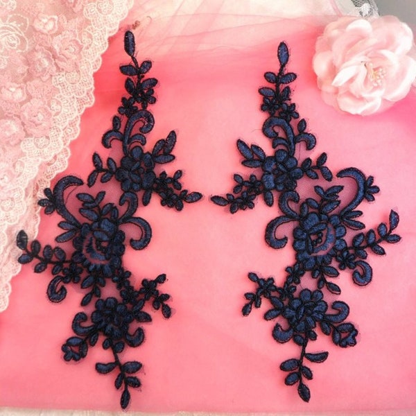 Appliques  Navy Corded Edge Venice Lace Embroidered Floral Mirror Pair Costume Motifs DIY 9.5" (BL131X-nv)