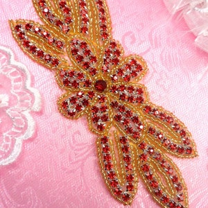JB166 Crystal Red Rhinestone Flower Applique Gold Beaded 6&quot; (JB166-rdgl)