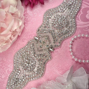 XR203 Bridal Sash Crystal Rhinestone Applique Silver Beaded 10.5&quot; (XR203-slcr)