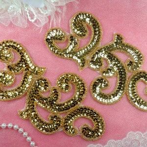 Sequin Appliques Gold MIRROR PAIR Scroll Designer Beaded Iron On 7&quot; (XR357X-gl)