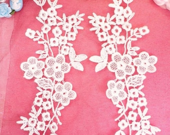 Lace Appliques White Floral Vine Embroidered Mirror Pair Costume Motifs Craft Sewing Supplies DIY 14" (DH89X-wh)