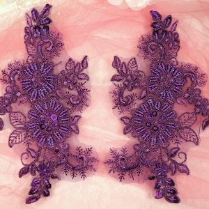 Appliques Floral Venise Lace Purple Mirror Pair Sequin Beaded 7&quot; (DH50X-pur)