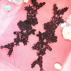 Lace Appliques Black Floral Vine Embroidered Mirror Pair Costume Motifs Craft Sewing Supplies DIY 14&quot; (DH89X-bk)