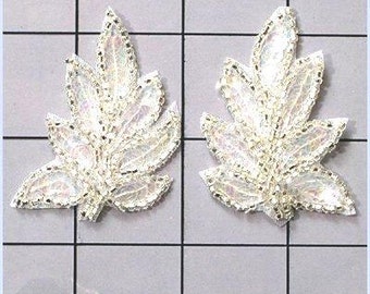 FS476S  Leaf Appliques Sequin Crystal Iris Silver Mirror Pair Beaded Motif 2"   (FS476SX-crisl)