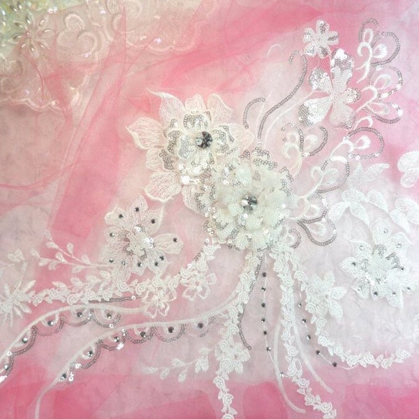 Embroidered 3D Applique White Floral Ballet Sequin Patch Rhinestone Accented 14" (DH75-wh)