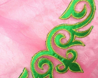 GB276 Embroidered Applique Green Gold Metallic Iron On Designer Patch 9.25"  (GB276-grgl)