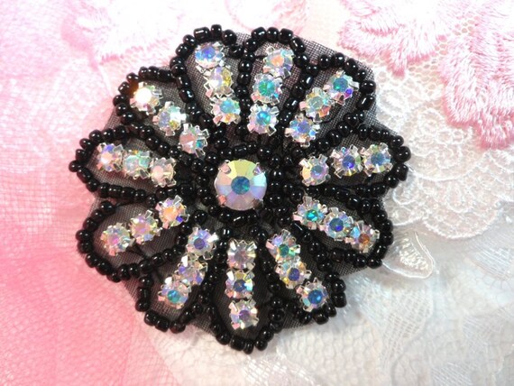 JB57 Aurora Borealis Crystal AB Rhinestone Floral Flower Silver Beaded Applique