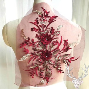 3 Dimensional Embroidered Lace Applique Burgundy Gold Floral Costume Dance Patch 15&quot; BL130