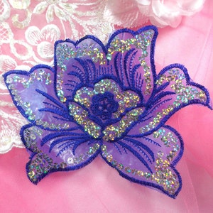 GB66 Blue Embroidered Flower Silver AB Sequin Applique 6.5&quot; (GB66-blsl)