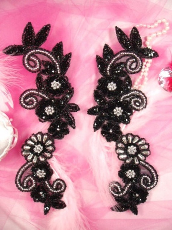 Appliques Black Silver Mirror Pair Set Sequin Beaded Costume