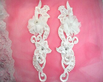 Venice Lace Applique White Floral Venise Lace with Crystal Rhinestones and Pearls 10" (DH97X-whcrp)