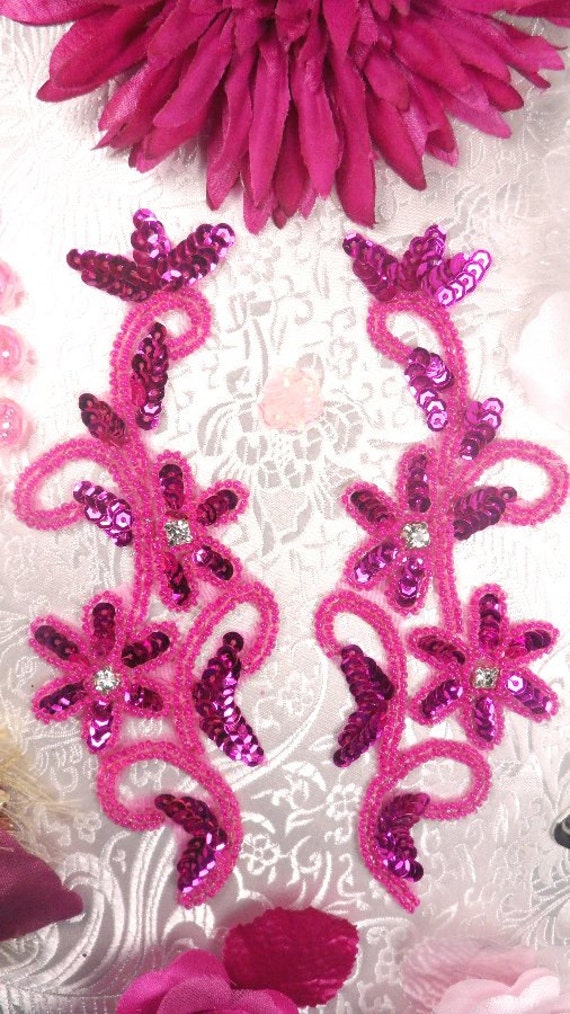 0396 PINK CRYSTAL SEQUIN BEADED MIRROR PAIR APPLIQUES