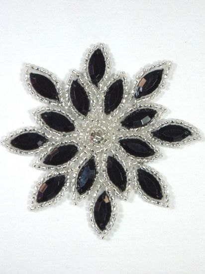 0348 Black Silver  Snowflake Jewel Beaded Applique 3"  Sewing an…