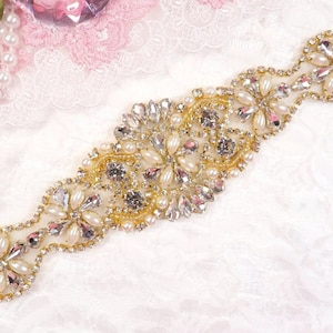 Crystal Rhinestone Gold Pearl Beaded Applique 8&quot; (GB640)