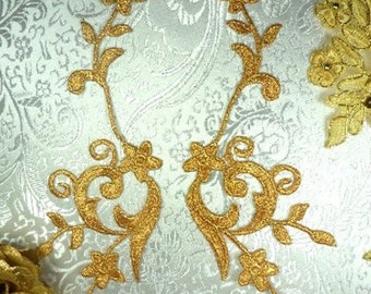GB90 MIRROR PAIR Gold Metallic Flower Vine Iron On Designer Embroidered Applique 9&quot; (GB90X-gl)
