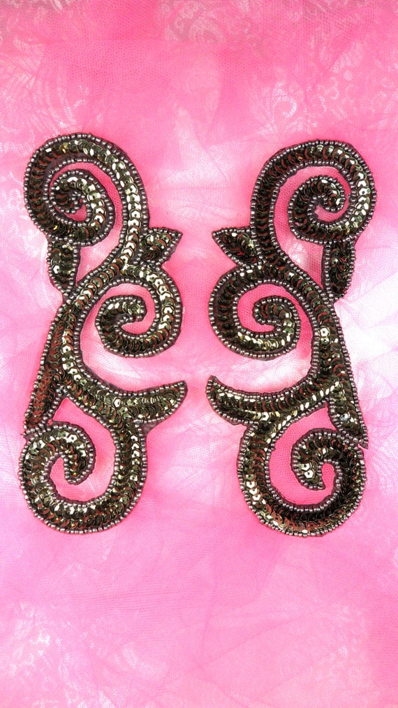 JB240 Smoke Scroll Designer Sequin Appliques Mirror Pair 6.75/"