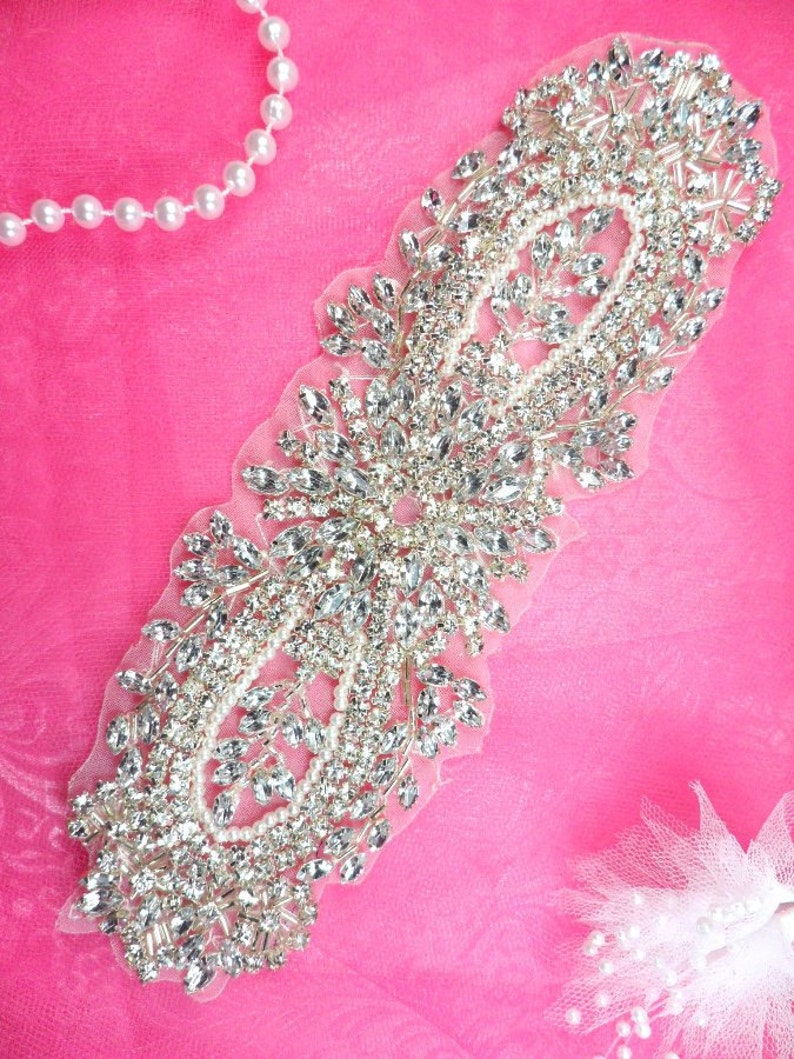 JB123-slcrp JB123 Pearl Applique Crystal Clear Silver Beaded Rhinestone 8.25
