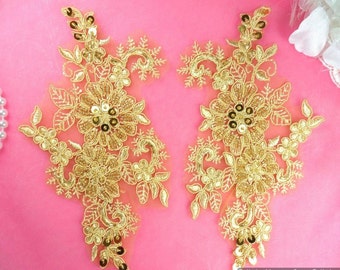 Appliques Floral Venise Lace Gold Mirror Pair Sequin Beaded 7&quot; (DH50X-gl)