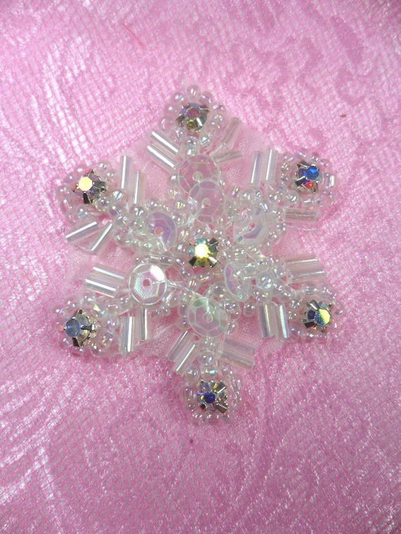 JB125 Crystal Rhinestone Snowflake Beaded Sequin Applique 2.5/"