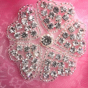 XR135  Rhinestone Floral Crystal Glass Silver Beaded Applique Motif  Sewing or Crafts 2&quot;  (XR135-slcr)