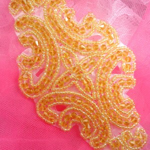 JB159 Victorian Champagne Beaded Applique DIY Iron On Hot Fix Patch Motif Sewing Crafts 6&quot; (JB159-chp)