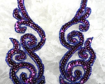 JB233 Sequin Appliques Purple Mirror Pair Scroll Beaded Patch 7"  (JB233X-pur)