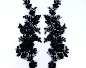 Sequin Lace Appliques Black Floral Venice Lace Mirror Pair Clothing Patch Sewing Craft Supplies 14" BL146X