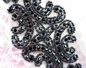 JB159 Victorian Navy Beaded Applique DIY Iron On Hot Fix Patch Motif Sewing Crafts 6" (JB159-nv)