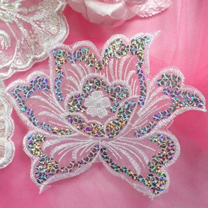 GB66 White Embroidered Flower Silver AB Sequin Applique 6.5&quot; (GB66-whsl)