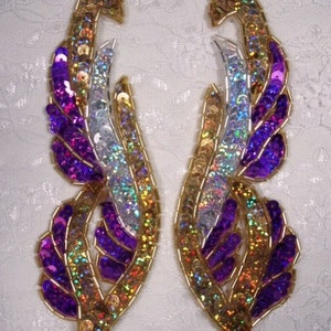 0033 Purple Silver Gold Holographic Sequins Gold Beads Mirror Pair Beaded Sequin Appliques 6.25&quot;  0033X-purglslH