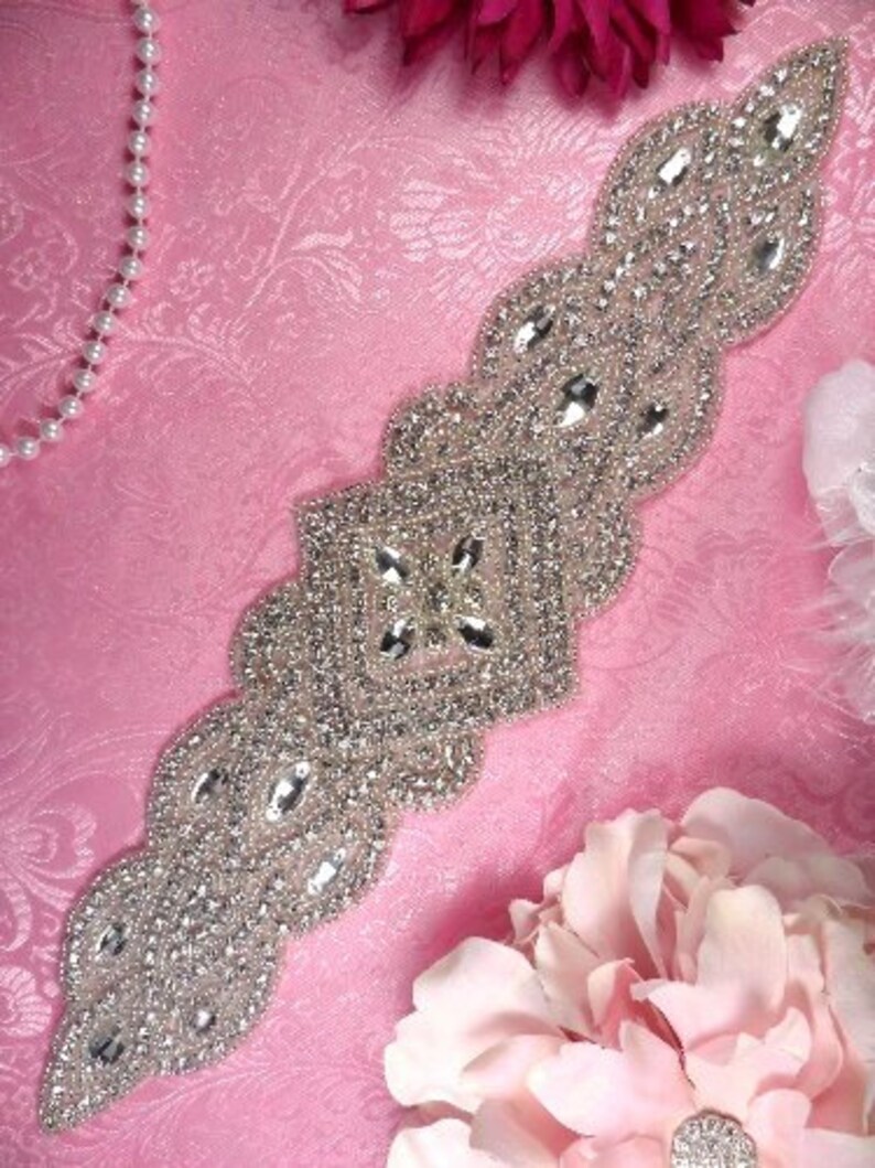 Xr205 Diy Bridal Sash Applique Crystal Rhinestone Silver Beaded Sewing Crafts Motif 13 Slcr