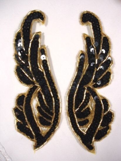 0033 Black Sequin Gold Beads Mirror Pair Beaded Sequin Appliques 6.25…