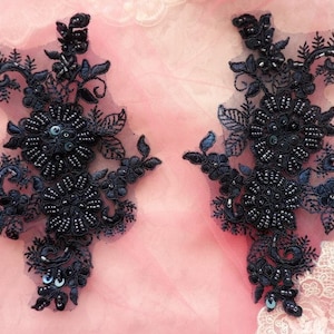 Appliques Floral Venise Lace Navy Mirror Pair Sequin Beaded 7&quot; (DH50X-nv)