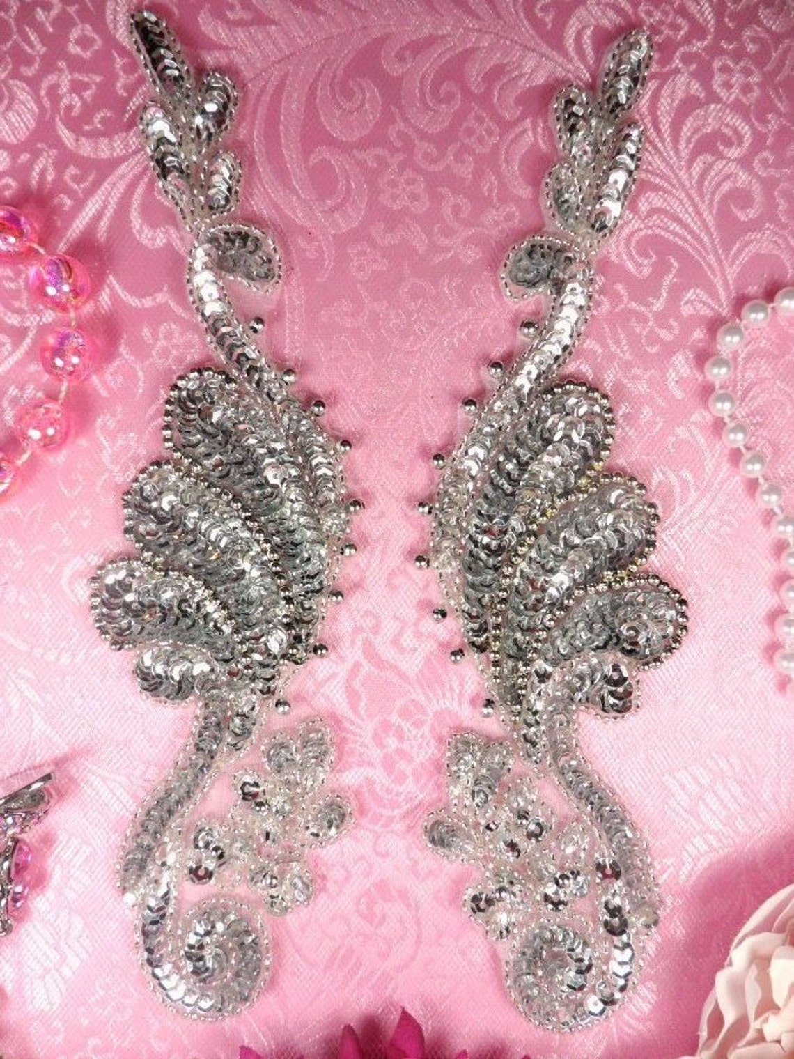 0016 Sequin Beaded Appliques Mirror Pair Silver 8.5 Etsy