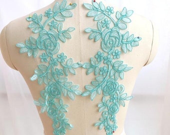 Embroidered Lace Appliques Soft Teal Green Floral Venice Lace Mirror Pair  Ballet Dance Costume Patch 14"  Great Price and Quality