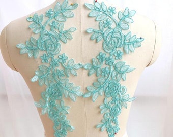 Appliqués en dentelle brodée Soft Teal Green Floral Venice Lace Mirror Pair Ballet Dance Costume Patch 14" Grand Prix et Qualité