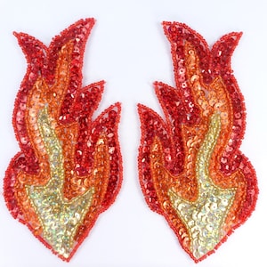 Sequin Fire Flames Appliques Holographic Red Orange Gold Beaded MIRROR PAIR Dance Costume Design Patch 6&quot; (JB117X-rdorglH)