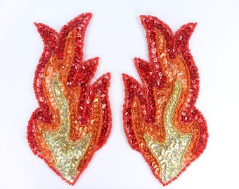 Sequin Fire Flames Appliques Holographic Red Orange Gold Beaded MIRROR PAIR Dance Costume Design Patch 6" (JB117X-rdorglH)