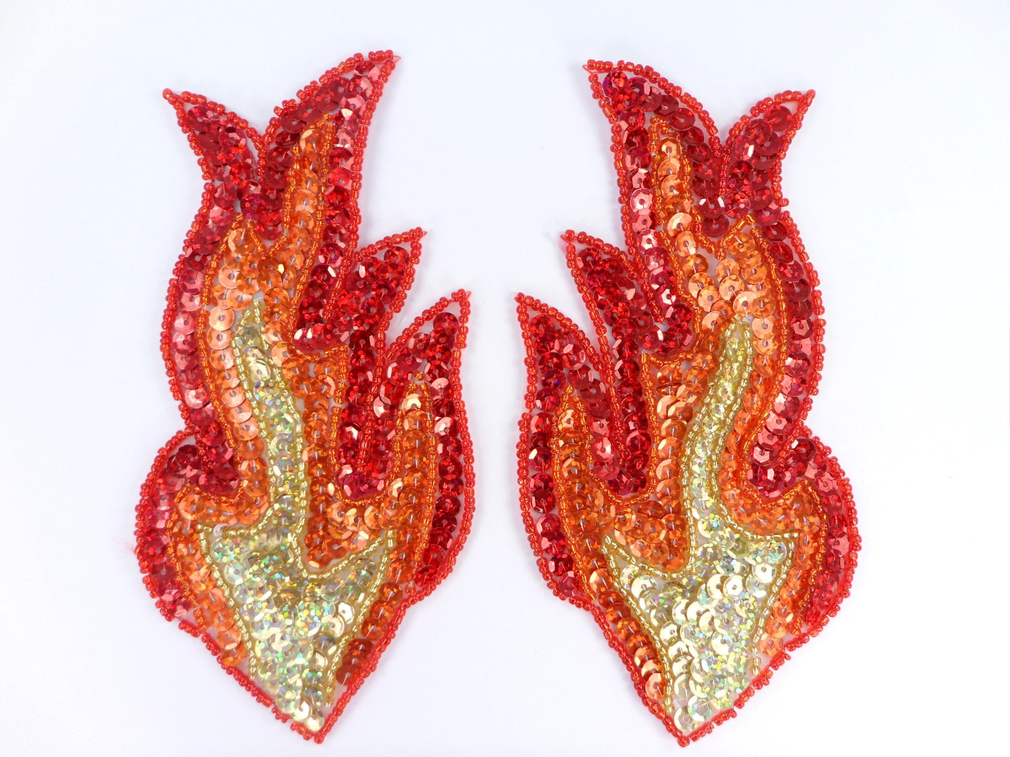 Sequin Fire Flames Appliques Holographic Red Orange Gold Beaded MIRROR PAIR Dance Costume Design Patch 6" (JB117X-rdorglH)