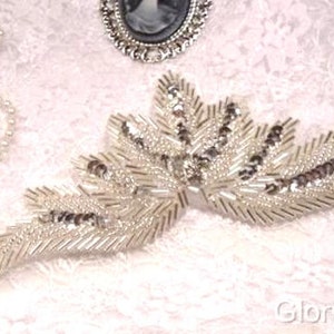0084  Silver Beads and Sequins Crystal Rhinestone Motif Sequin Beaded Applique Patch DIY Hair Accessory 7&quot;   (0084-sl)