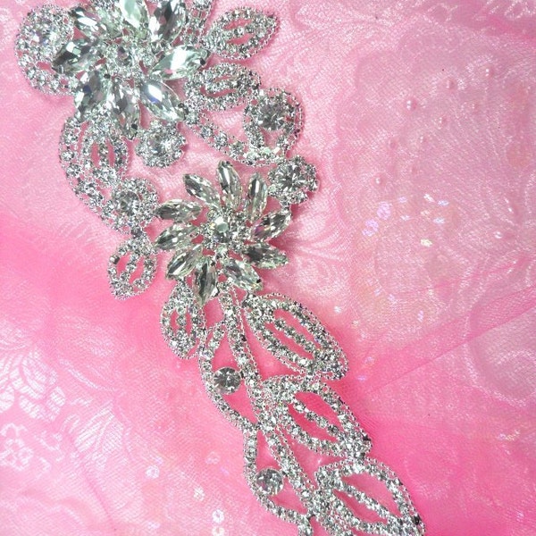 N5 Bridal Flower Crystal Rhinestone Sash Applique Metal Back Floral Embellishment 9" (N5-slcr)