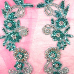 0183 Appliques Mirror Pair Sequin Beaded Aqua Holographic Silver 10" (0183X-aq)