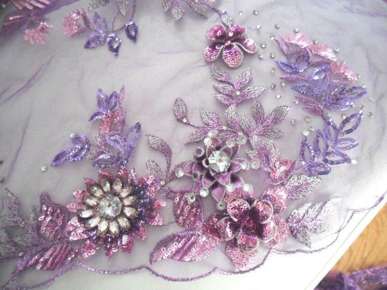 Embroidered 3D Applique Fabric Lavender Mauve Sequin Rhinestone Floral Design Dance Costume Fabric DH78-Lvmv